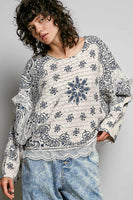 POL Mixed Pattern Knit Sweater with Lace Details in Cream/Blue Multi