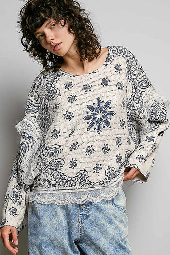 POL Mixed Pattern Knit Sweater with Lace Details in Cream/Blue Multi