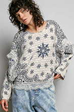 Load image into Gallery viewer, POL Mixed Pattern Knit Sweater with Lace Details in Cream/Blue Multi
