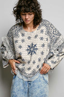 POL Mixed Pattern Knit Sweater with Lace Details in Cream/Blue Multi
