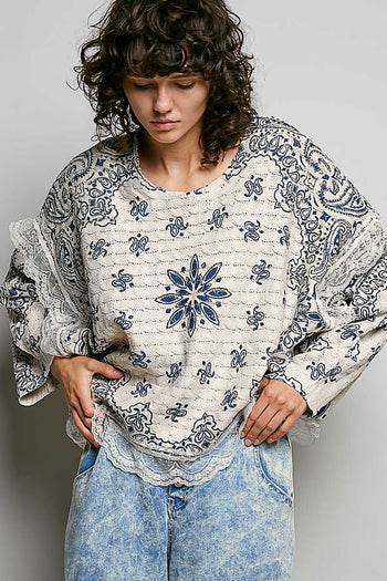 POL Mixed Pattern Knit Sweater with Lace Details in Cream/Blue Multi