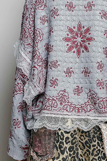 POL Mixed Pattern Knit Sweater with Lace Details in Grey/Pink Multi