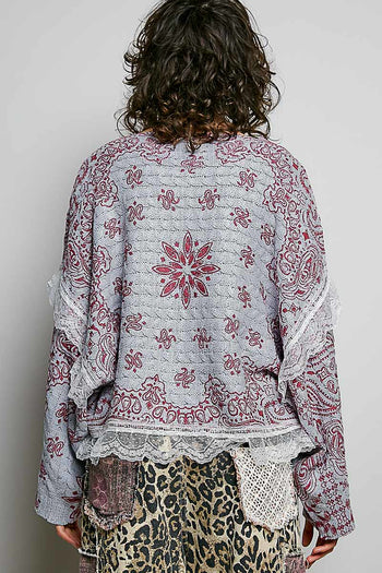 POL Mixed Pattern Knit Sweater with Lace Details in Grey/Pink Multi