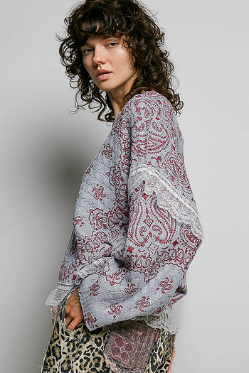 POL Mixed Pattern Knit Sweater with Lace Details in Grey/Pink Multi