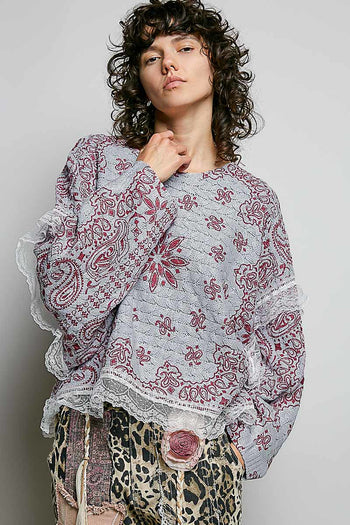 POL Mixed Pattern Knit Sweater with Lace Details in Grey/Pink Multi