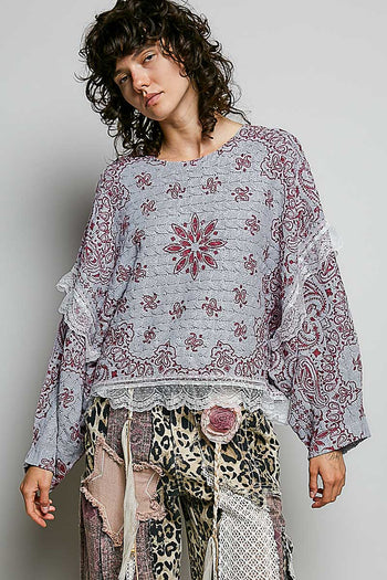 POL Mixed Pattern Knit Sweater with Lace Details in Grey/Pink Multi