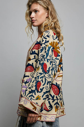 POL Embroidered Tie-Front Kimono Cardigan in Cream