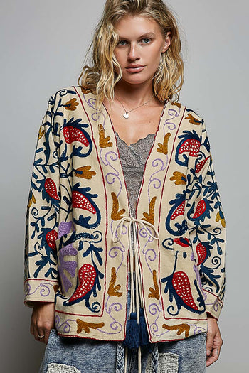 POL Embroidered Tie-Front Kimono Cardigan in Cream