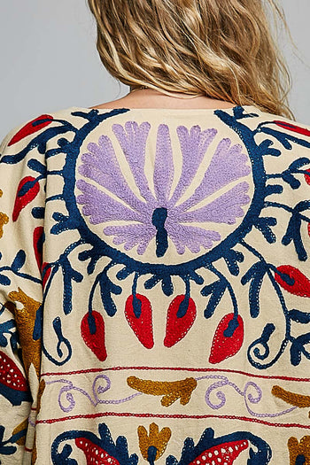 POL Embroidered Tie-Front Kimono Cardigan in Cream