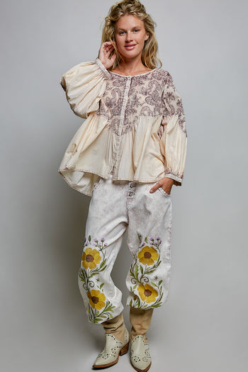 POL Vintage Washed Top with Embroidery Detail in Blush