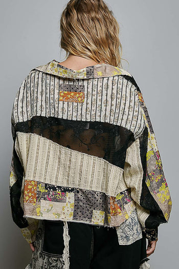 POL CROPPED Mixed Print and Crochet Top in Black Yellow Multi