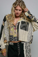 POL CROPPED Mixed Print and Crochet Top in Black Yellow Multi