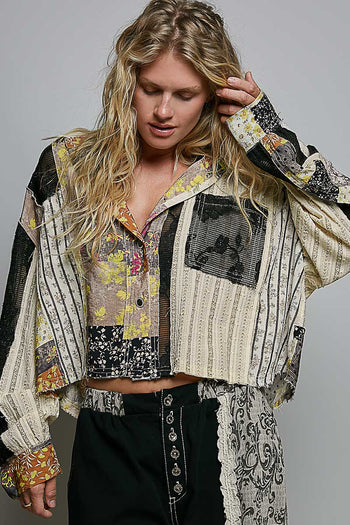POL CROPPED Mixed Print and Crochet Top in Black Yellow Multi