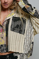POL CROPPED Mixed Print and Crochet Top in Black Yellow Multi