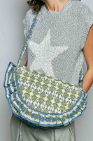 POL Ruffle Trim Quilted Cotton Crossbody Bag in Green Multi