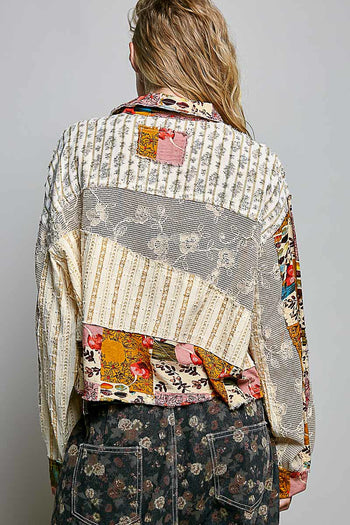 POL CROPPED Mixed Print and Crochet Top in Natural Pink Multi