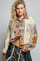 POL CROPPED Mixed Print and Crochet Top in Natural Pink Multi