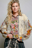 POL CROPPED Mixed Print and Crochet Top in Natural Pink Multi