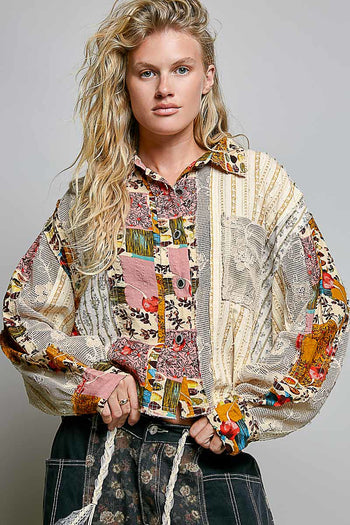POL CROPPED Mixed Print and Crochet Top in Natural Pink Multi