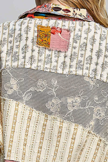 POL CROPPED Mixed Print and Crochet Top in Natural Pink Multi