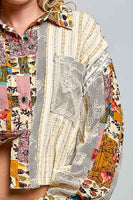 POL CROPPED Mixed Print and Crochet Top in Natural Pink Multi