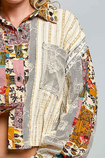 POL CROPPED Mixed Print and Crochet Top in Natural Pink Multi