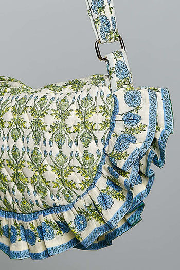 POL Ruffle Trim Quilted Cotton Crossbody Bag in Green Multi