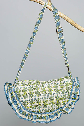 POL Ruffle Trim Quilted Cotton Crossbody Bag in Green Multi