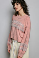 POL SEMI CROPPED Jersey Knit Top with Contrasting Floral Print Details in Soft Pink