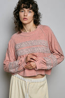 POL SEMI CROPPED Jersey Knit Top with Contrasting Floral Print Details in Soft Pink