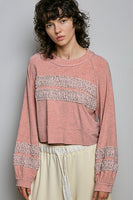 POL SEMI CROPPED Jersey Knit Top with Contrasting Floral Print Details in Soft Pink