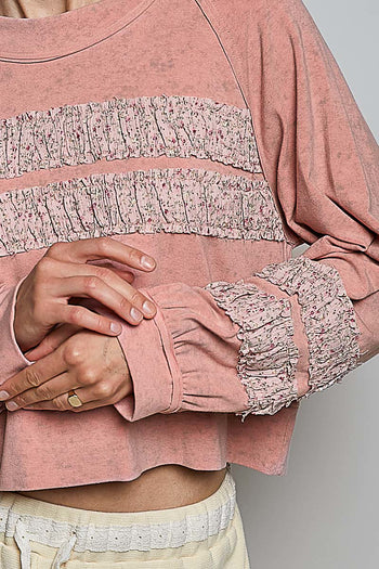 POL SEMI CROPPED Jersey Knit Top with Contrasting Floral Print Details in Soft Pink