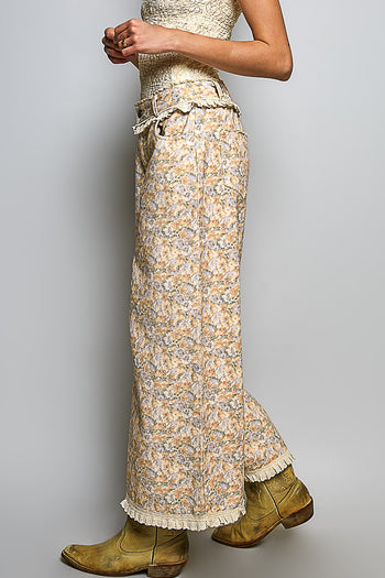 POL Floral Wide-Leg Pants With Lace Trim in Honey Floral