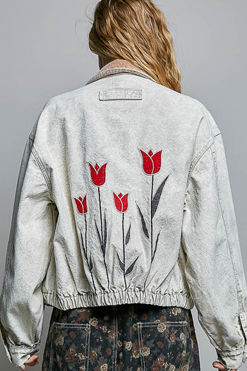 POL Floral Embroidered Jacket in Stone/Camel