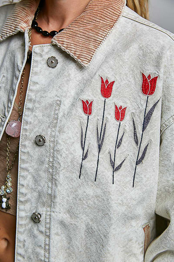 POL Floral Embroidered Jacket in Stone/Camel