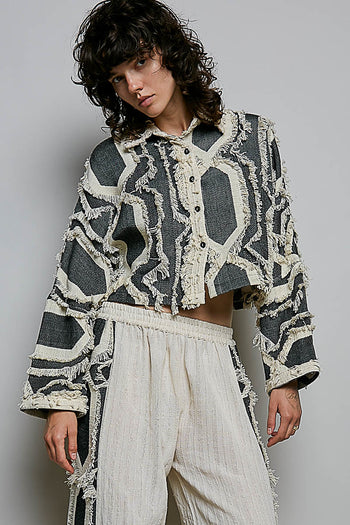 POL Frayed Trim Woven Shirt Jacket in Natural Multi