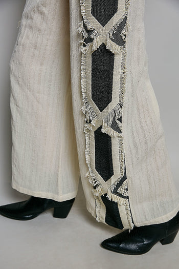 POL Frayed Trim Wide-Leg Woven Pants in Natural Multi