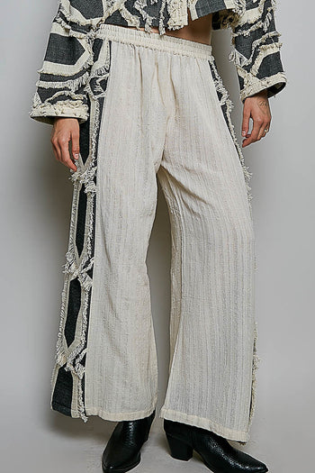POL Frayed Trim Wide-Leg Woven Pants in Natural Multi