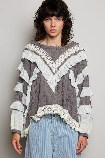 POL Ruffle Detailed Mixed Lace Top in Ghost Grey