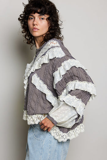 POL Ruffle Detailed Mixed Lace Top in Ghost Grey