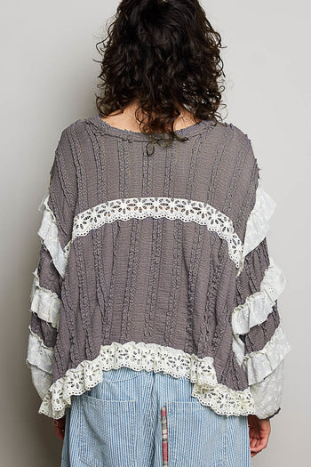 POL Ruffle Detailed Mixed Lace Top in Ghost Grey