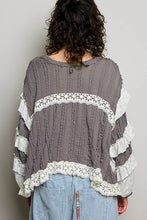 Load image into Gallery viewer, POL Ruffle Detailed Mixed Lace Top in Ghost Grey
