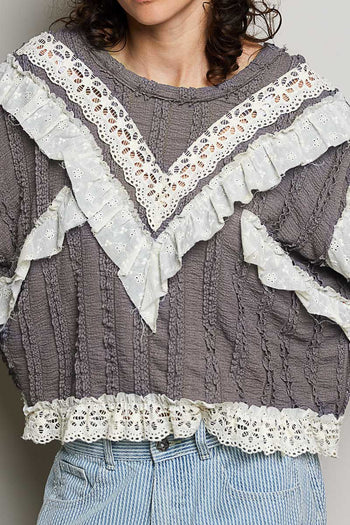 POL Ruffle Detailed Mixed Lace Top in Ghost Grey