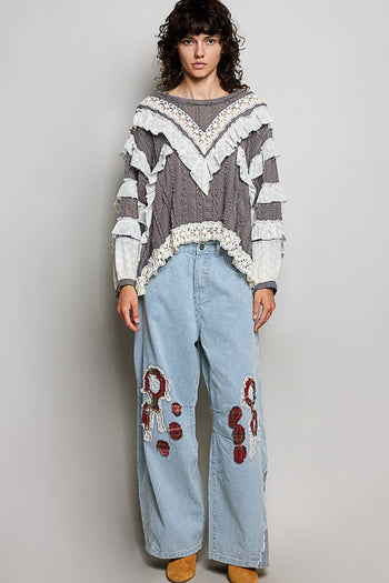 POL Ruffle Detailed Mixed Lace Top in Ghost Grey