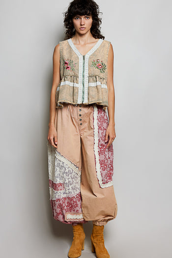 POL Embroidered Twill Vest in Dusty Olive