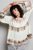 POL Baby Doll Top with Mixed Print Ruffle Details in Vanilla Cream