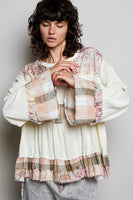 POL Baby Doll Top with Mixed Print Ruffle Details in Vanilla Cream
