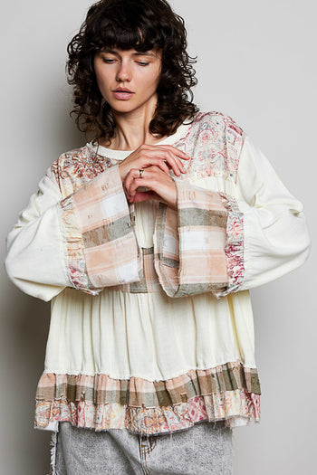 POL Baby Doll Top with Mixed Print Ruffle Details in Vanilla Cream