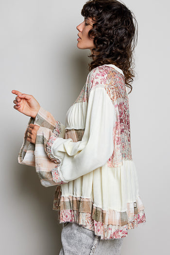 POL Baby Doll Top with Mixed Print Ruffle Details in Vanilla Cream