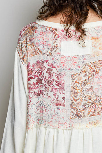 POL Baby Doll Top with Mixed Print Ruffle Details in Vanilla Cream